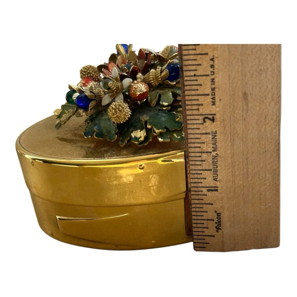 Vintage Gorham Gilt trinket box YC1141 enamel floral lid blue‎ velvet lined USA